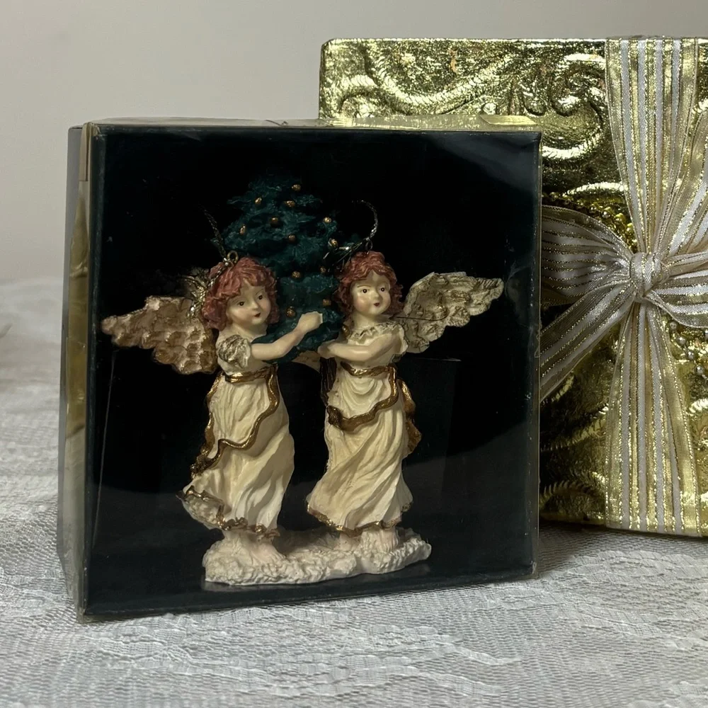 Vintage Victorian Tree Ornament Christmas Angels Hand Painted Luxury Gold Cream
